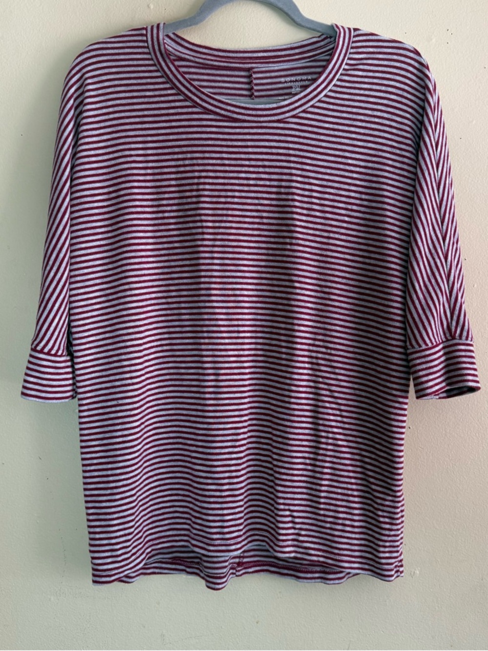 Sonoma Burgundy Cream Striped 3/4 Sleeve Top Petite | Soft Stretch Casual Tee